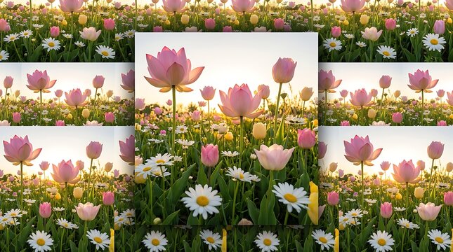 Beautiful field of pink lotus flowers and daisies at sunset