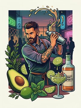 Professional tattooed bartender shaking a craft cocktail