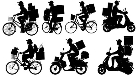 Obraz premium Delivery Service Silhouettes: Cyclists and Scooters with Packages, E-commerce Logistics Icons, Urban Courier Vectors