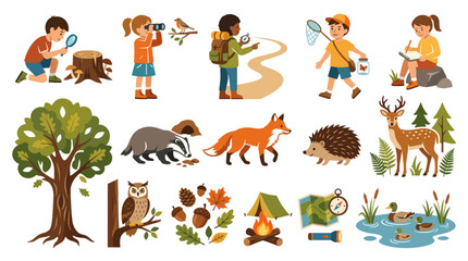 Obraz premium Children Outdoor Nature Study Flat Cartoon Icons Set: Kids Exploring Forest, Wildlife, and Camping Elements