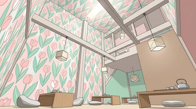 Zen tea house interior with pink tulip floral wallpaper