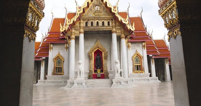 Wat Benchamabophit Marble floor Temple typifies the impressive and orderly traditional Thai architecture. Bangkok Thailand