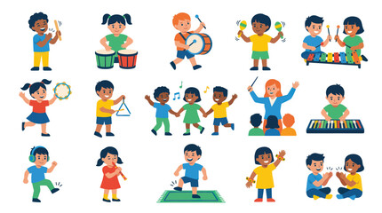 Fototapeta premium Children Playing Musical Instruments in Music Class, Flat Vector Art