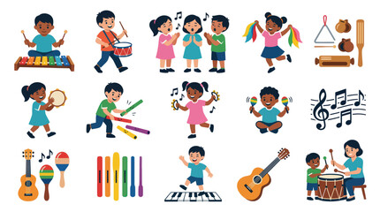 Fototapeta premium Happy Diverse Kids Playing Musical Instruments, Education, Flat Vector Art