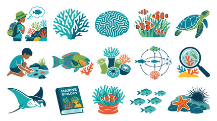 Fototapeta premium Marine Biology Flat Vector Illustration Set: Ocean Life, Coral Reef Animals Ecosystem Icons