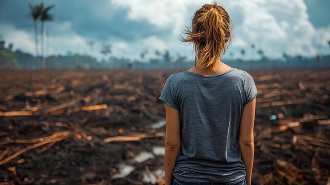 A person stands alone in a devastated clear-cut forest area, gazing at the destroyed landscape under an overcast sky, symbolizing environmental loss and ecological destruction.