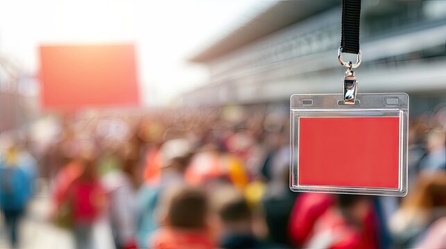 Red badge on lanyard hangs over blurred crowd at outdoor event