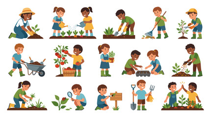 Fototapeta premium Happy Kids Gardening Flat Vector Illustration Set. Children Learning About Nature, Planting, Watering, and Harvesting.