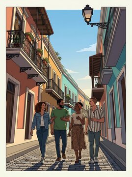 Friends walking through a colorful historic city street at sunset