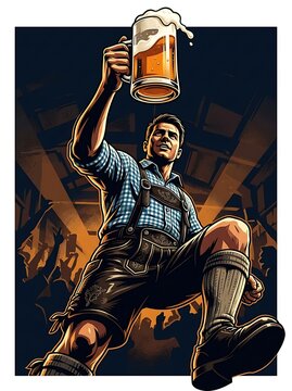 Man in traditional bavarian lederhosen raising a foaming mug of beer