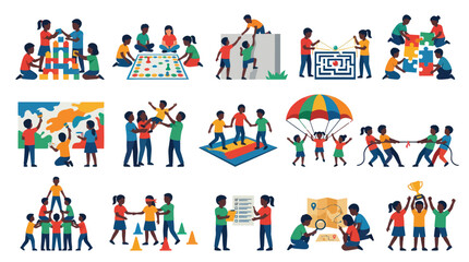 Fototapeta premium Children's Activities and Games - Diverse Kids Playing Together, Flat Style Vector
