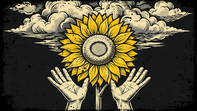 Surreal Graphic Illustration of Hands Cradling a Large Yellow Sunflower Under Stylized Clouds