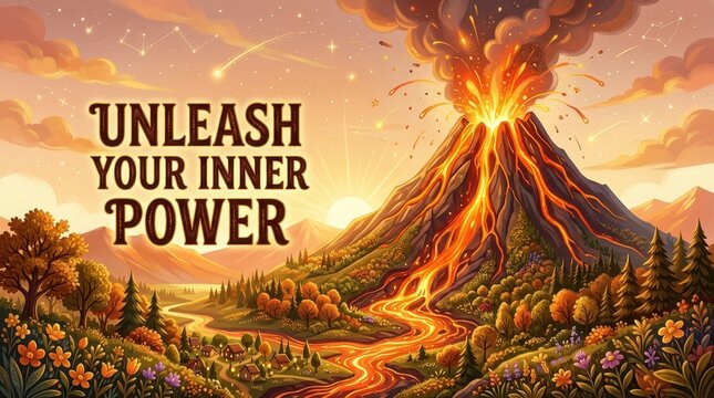 Exploding volcano with lava flow through scenic landscape, inspirational text "Unleash Your Inner Power"