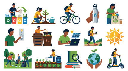 Naklejka premium Sustainable Lifestyle Activities Flat Vector Illustration Set for Environmental Protection