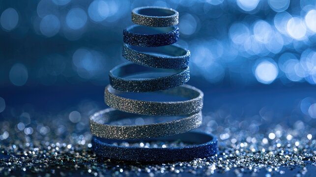 Glittering, spiraling blue rings form a stylized Christmas tree against bokeh
