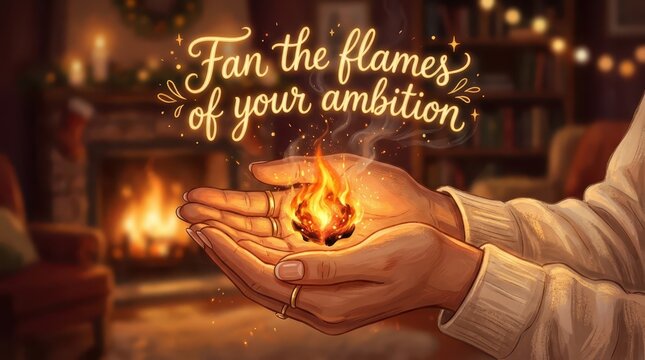 Warm hands holding a small fire with the text "Fan the flames of your ambition" above, cozy indoor setting with fireplace