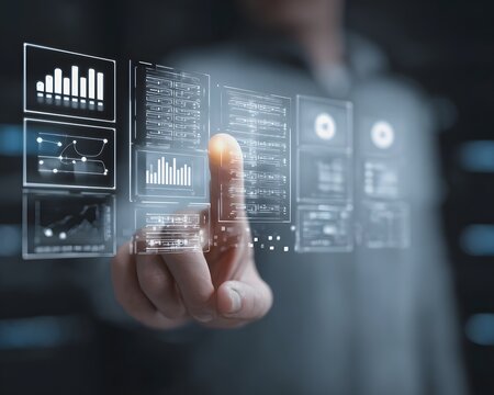 A person interacts with digital data visuals, showcasing modern technology and data analysis