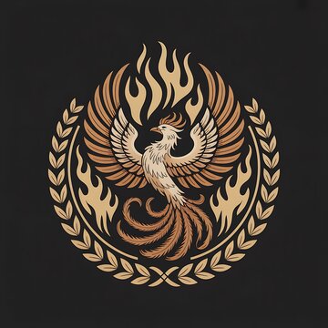 Stylized phoenix bird emblem with spread wings, surrounded by a circular laurel wreath and rising flames, isolated on a dark background
