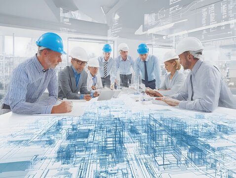 A team of professionals in hard hats and suits collaborate on a construction project, analyzing blueprints and discussing strategies in a modern office setting.