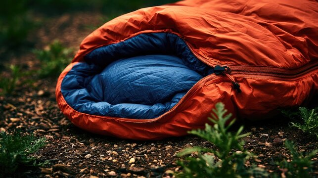 Cozy sleeping bag, partially open, resting on forest floor amidst green foliage