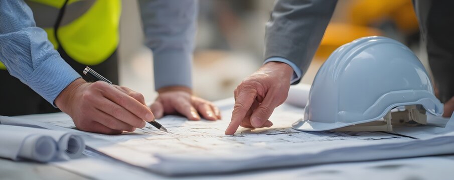 Close-up of hands reviewing blueprints at a construction site. A hard hat and a pen are visible, symbolizing teamwork and planning for a successful building project.