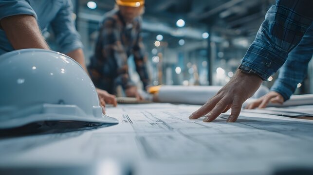 Construction workers collaborate over architectural plans, examining details and making critical decisions on a project. The environment showcases teamwork and strategic planning.