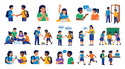 Fototapeta premium Diverse Kids Illustrate Positive School Interactions, Flat Style