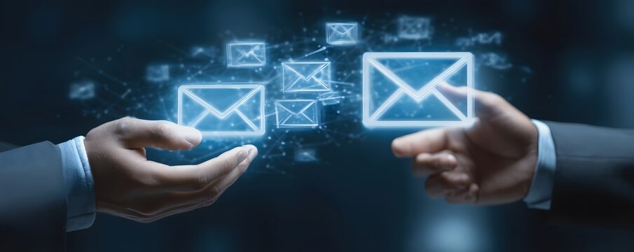 Modern concept of digital communication, featuring hands exchanging holographic email icons, symbolizing the efficiency of technology in business messaging.