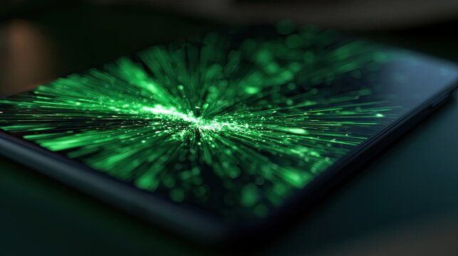 Close-up of a digital screen displaying a bright green burst of light and energy