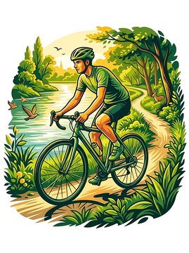 Cyclist riding a road bike through a lush green park landscape