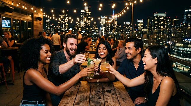 Diverse group of friends toasting with cocktails at a rooftop bar