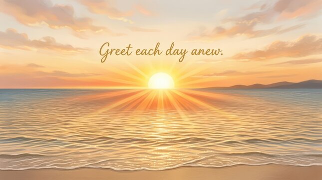 Beautiful sunrise over the ocean with a gentle wave lapping the shore, inspirational message of new beginnings