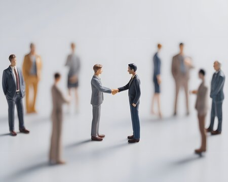Two miniature figures in business attire shake hands, symbolizing agreement and partnership in a professional environment, surrounded by blurred colleagues in the background.