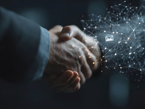 Two hands engaging in a firm handshake, symbolizing partnership and collaboration in a digital age, with abstract technology elements suggesting innovation and connection.