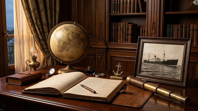 Antique nautical desk with globe logbook and old ship photograph