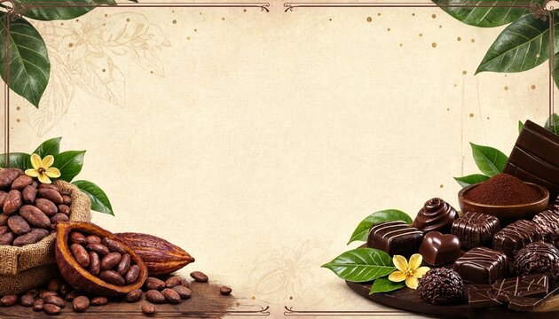 Vintage paper frame with scattered cocoa beans and dark chocolate pieces, gourmet food border for menu template