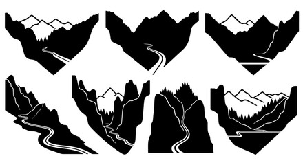 Mountain Landscape Silhouettes, Scenic Vistas, Winding Rivers, Forested Valleys, Vector Graphics Set for Outdoor Adventure and Nature Themes © Zubaraj