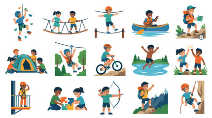 Fototapeta premium Kids Outdoor Adventure Activities Vector Icons Set Flat Style