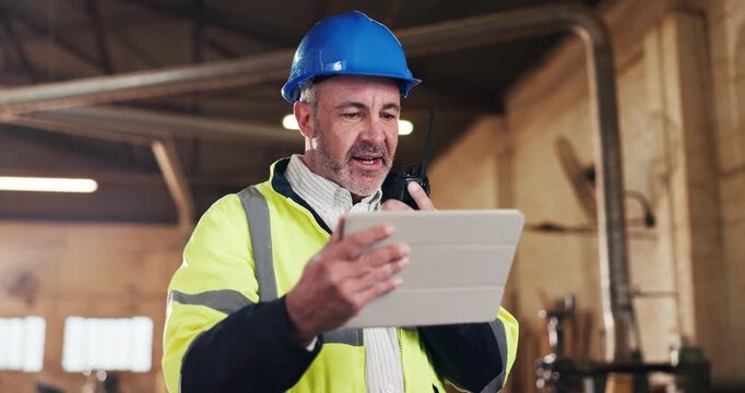 Engineer, talking and radio at workshop with tablet, research and inspection update for construction. Mature man, chat or supervisor at site with tech, quality control and feedback on building safety