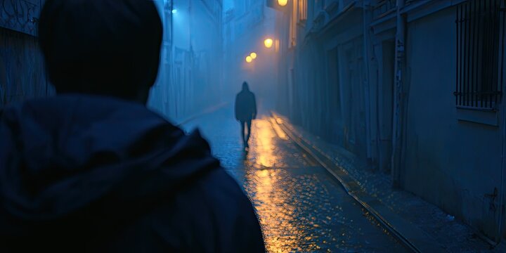 Figure walks down a foggy, illuminated alley with wet cobblestones