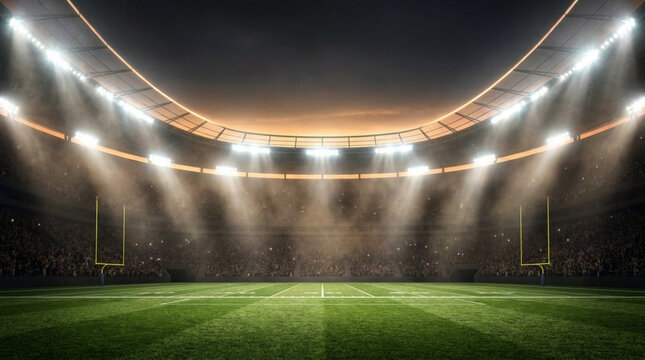 Wide-angle professional American football stadium at night with bright floodlights illuminating turf field, yellow goalposts, and spectators in circular arena stands.
