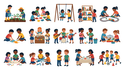 Fototapeta premium Flat Vector Illustration of Diverse Children Engaging in Educational Activities
