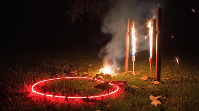 芝生の赤い導火線が奥へ蛇行し燃える先端から火花と煙が飛び右側にロケット花火が立って待つ