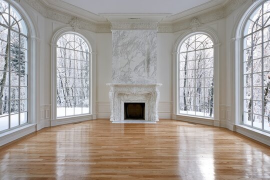 Elegant sunlit room with large arched windows overlooking a snowy forest