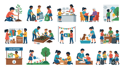 Fototapeta premium Volunteering and Community Service Flat Vector Illustration Set for Charity, Kids Helping Others