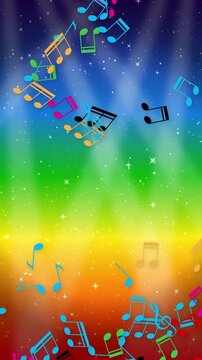 Vertical Rainbow Stage Background with Floating Colorful Musical Notes and Sparkles