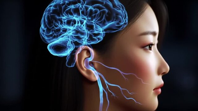 Woman profile with digital brain and auditory nerves.
