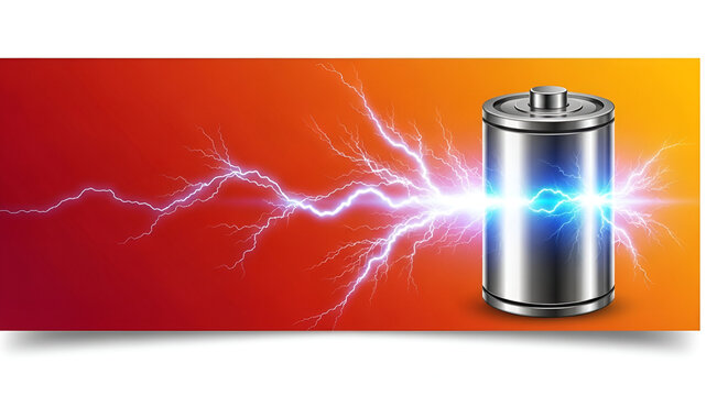Metallic battery emits vibrant lightning bolts against a fiery gradient background