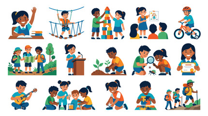 Fototapeta premium Diverse Kids Engaged in Learning Activities, Flat Design Education Vector Art
