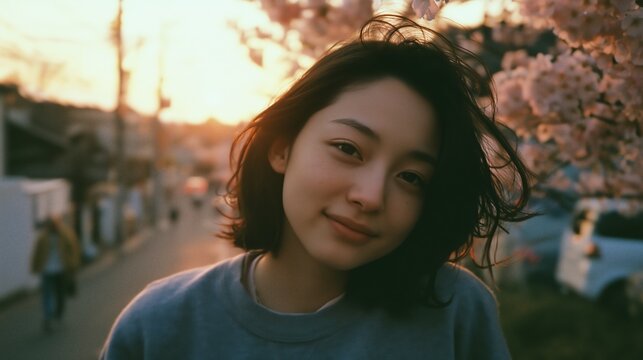 Young woman smiles while standing near cherry blossoms during sunset in a quiet street